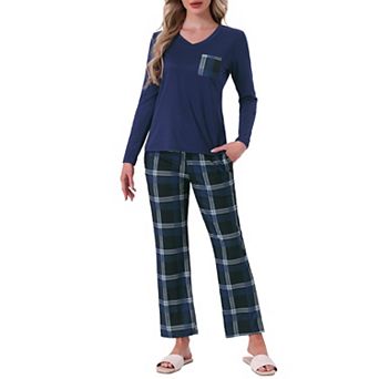 Pajamas Set for Women Long Sleeve Plaid Soft Pajamas Set Lounge Sets with Pockets
