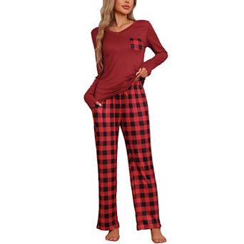 Pajamas Set for Women Long Sleeve Plaid Soft Pajamas Set Lounge Sets with Pockets