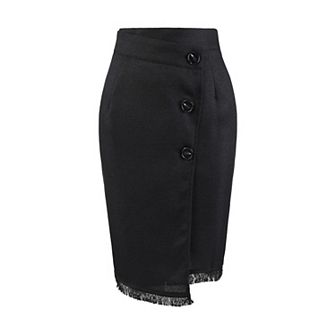 Women's Tweed Skirt Elastic High Waist Button Decor Faux Wrap Short Skirts