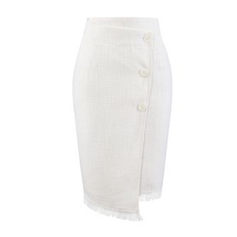 Women's Tweed Skirt Elastic High Waist Button Decor Faux Wrap Short Skirts