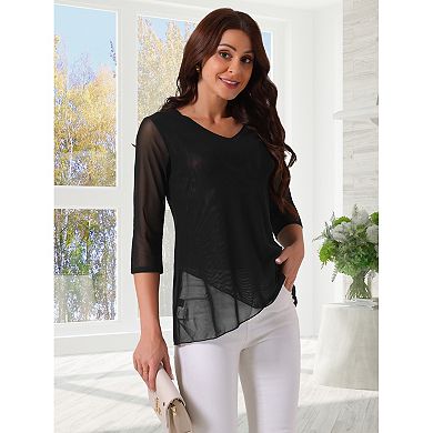 Women's V Neck 3/4 Sleeve Asymmetrical Hem Lightweight Casual Tops