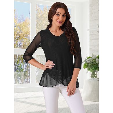 Women's V Neck 3/4 Sleeve Asymmetrical Hem Lightweight Casual Tops