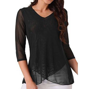 Women's V Neck 3/4 Sleeve Asymmetrical Hem Lightweight Casual Tops