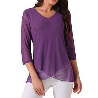 Women's V Neck 3/4 Sleeve Asymmetrical Hem Lightweight Casual Tops