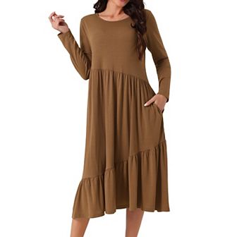 Women's Fall Long Sleeve Dress Crewneck Casual Loose Pleated Tiered Swing Midi Dresses with Pockets