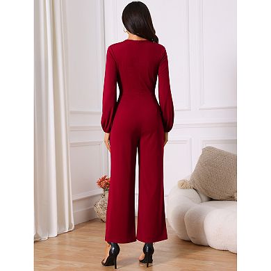 Women's V Neck Long Sleeve High Waist Wide Leg Casual Jumpsuits with Pockets