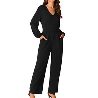 Women's V Neck Long Sleeve High Waist Wide Leg Casual Jumpsuits with Pockets