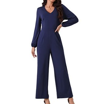 Women's V Neck Long Sleeve High Waist Wide Leg Casual Jumpsuits with Pockets