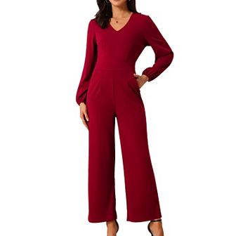Women's V Neck Long Sleeve High Waist Wide Leg Casual Jumpsuits with Pockets