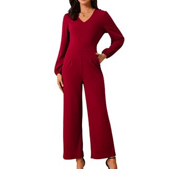 Women's V Neck Long Sleeve High Waist Wide Leg Casual Jumpsuits with Pockets
