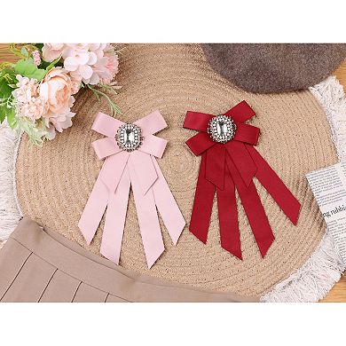 Women's Brooch Ribbon Solid Color Pre-tied Bowknot Pin Bow Ties with Big Rhinestones