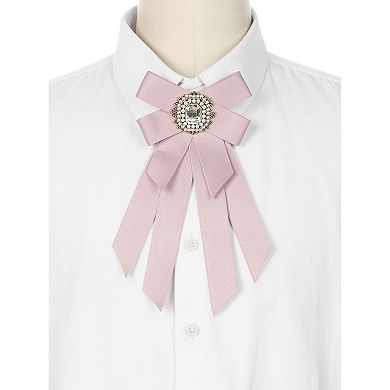 Women's Brooch Ribbon Solid Color Pre-tied Bowknot Pin Bow Ties with Big Rhinestones
