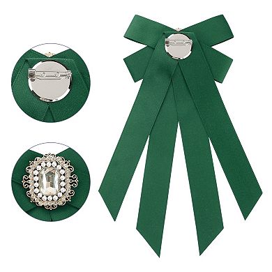 Women's Brooch Ribbon Solid Color Pre-tied Bowknot Pin Bow Ties with Big Rhinestones