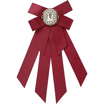 Women's Brooch Ribbon Solid Color Pre-tied Bowknot Pin Bow Ties with Big Rhinestones