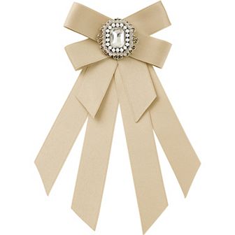 Women's Brooch Ribbon Solid Color Pre-tied Bowknot Pin Bow Ties with Big Rhinestones