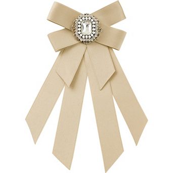 Women's Brooch Ribbon Solid Color Pre-tied Bowknot Pin Bow Ties with Big Rhinestones