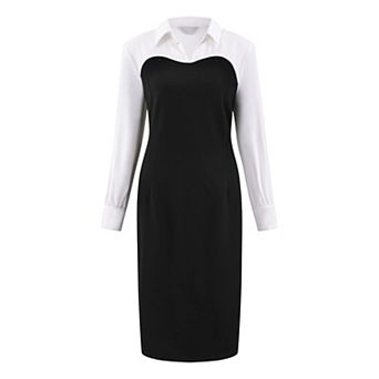 Women's Contrast Color Sheath Dress Long Sleeve Lapel Neck Elegant Work Pencil Dresses