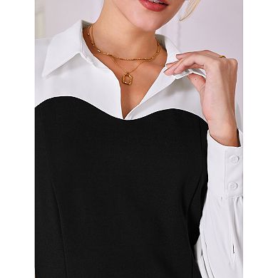 Women's Contrast Color Sheath Dress Long Sleeve Lapel Neck Elegant Work Pencil Dresses