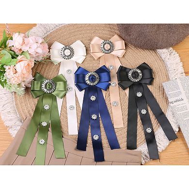 Women's Rhinestone Decor Ribbon Long Bow Brooch Ties for Wedding Retro