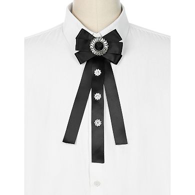 Women's Rhinestone Decor Ribbon Long Bow Brooch Ties for Wedding Retro