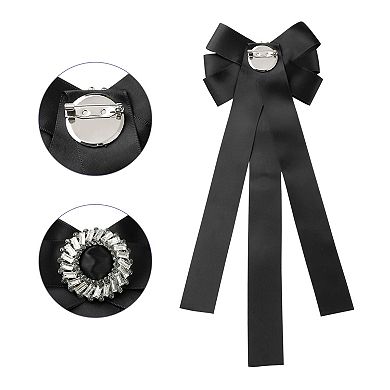 Women's Rhinestone Decor Ribbon Long Bow Brooch Ties for Wedding Retro