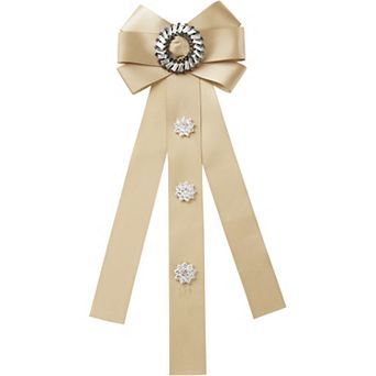 Women's Rhinestone Decor Ribbon Long Bow Brooch Ties for Wedding Retro