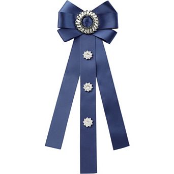 Women's Rhinestone Decor Ribbon Long Bow Brooch Ties for Wedding Retro