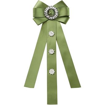 Women's Rhinestone Decor Ribbon Long Bow Brooch Ties for Wedding Retro