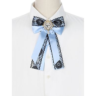 Women's Brooch Ties Pre-tied Ribbon Pin Collar Lace Trim Bow with Rhinestone