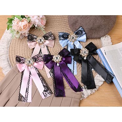 Women's Brooch Ties Pre-tied Ribbon Pin Collar Lace Trim Bow with Rhinestone