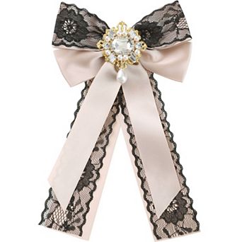 Women's Brooch Ties Pre-tied Ribbon Pin Collar Lace Trim Bow with Rhinestone