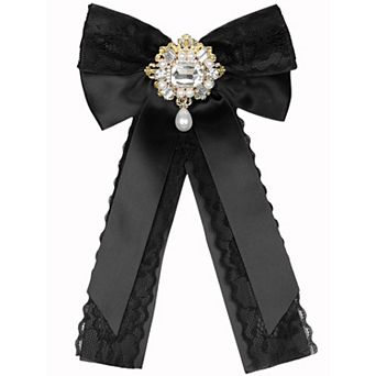 Women's Brooch Ties Pre-tied Ribbon Pin Collar Lace Trim Bow with Rhinestone