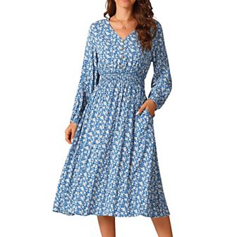 Women's Fall Dresses Casual Long Sleeve V Neck Midi Dress Floral Boho Beach Flowy Dress