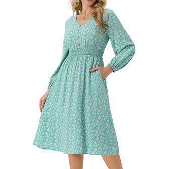 Women's Fall Dresses Casual Long Sleeve V Neck Midi Dress Floral Boho Beach Flowy Dress