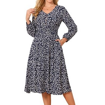Women's Fall Dresses Casual Long Sleeve V Neck Midi Dress Floral Boho Beach Flowy Dress