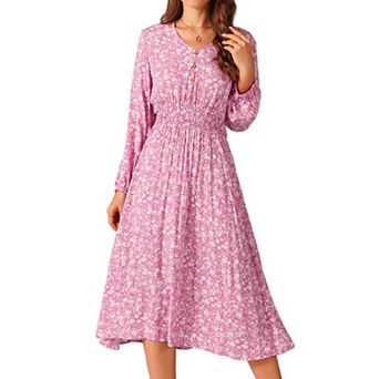 Women's Fall Dresses Casual Long Sleeve V Neck Midi Dress Floral Boho Beach Flowy Dress