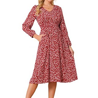 Women's Fall Dresses Casual Long Sleeve V Neck Midi Dress Floral Boho Beach Flowy Dress