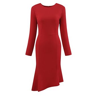 Women's Fishtails Dress with Belted Round Neck 3/4 Sleeve Formal Dress