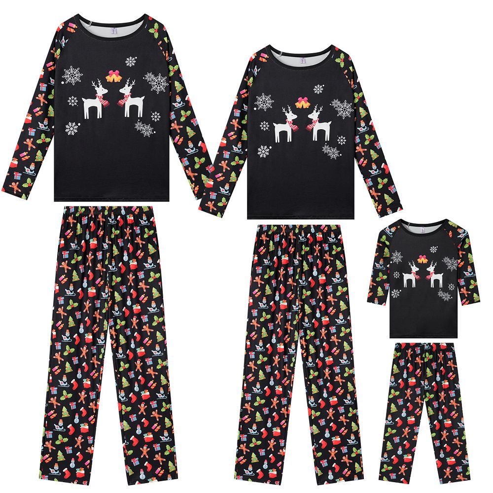 Christmas Pajama Set Deer Print Long Sleeve Black Top Matching Cute ...