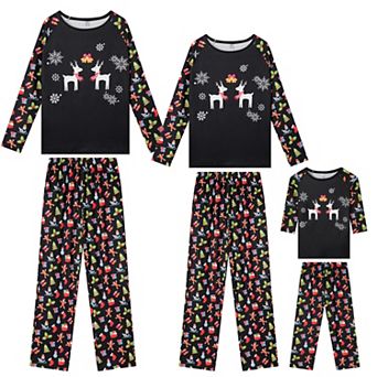 Christmas Pajama Set Deer Print Long Sleeve Black Top Matching Cute Print Pants