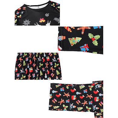 Christmas Pajama Set Deer Print Long Sleeve Black Top Matching Cute Print Pants