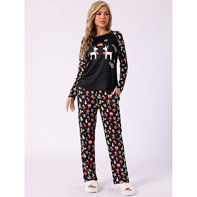 Christmas Pajama Set Deer Print Long Sleeve Black Top Matching Cute Print Pants