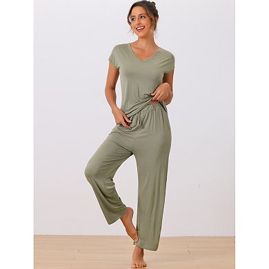 Womens Short Sleeve Modal Casual Set Pajama 2 Piece Loungewear Long Pants Sweatsuit