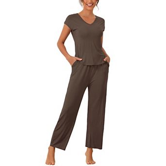 Womens Short Sleeve Modal Casual Set Pajama 2 pc Loungewear Long Pants Sweatsuit