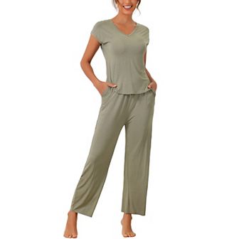 Womens Short Sleeve Modal Casual Set Pajama 2 pc Loungewear Long Pants Sweatsuit