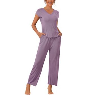 Womens Short Sleeve Modal Casual Set Pajama 2 pc Loungewear Long Pants Sweatsuit