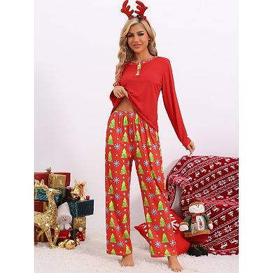 Long Sleeve Button Up Pjs Tree Print Festival Party Sleepwear Pajamas Sets