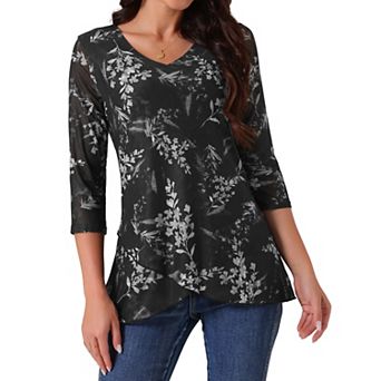 Women's Casual 3/4 Sleeve Floral Blouse Irregular Hem V Neck Mesh Shirt Double Layered Tunic Tops