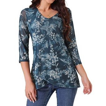 Women's Casual 3/4 Sleeve Floral Blouse Irregular Hem V Neck Mesh Shirt Double Layered Tunic Tops