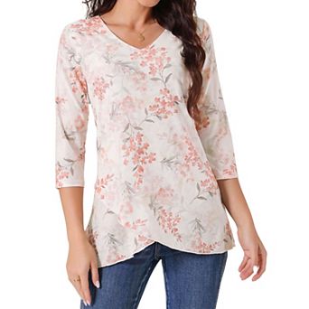 Women's Casual 3/4 Sleeve Floral Blouse Irregular Hem V Neck Mesh Shirt Double Layered Tunic Tops